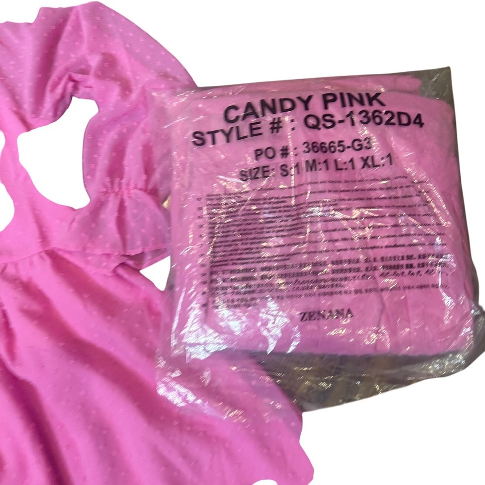 ZENANA Candy Pink Swiss Dot Small Babydoll V Neck Dess Long Sleeve‎ - Picture 3 of 8